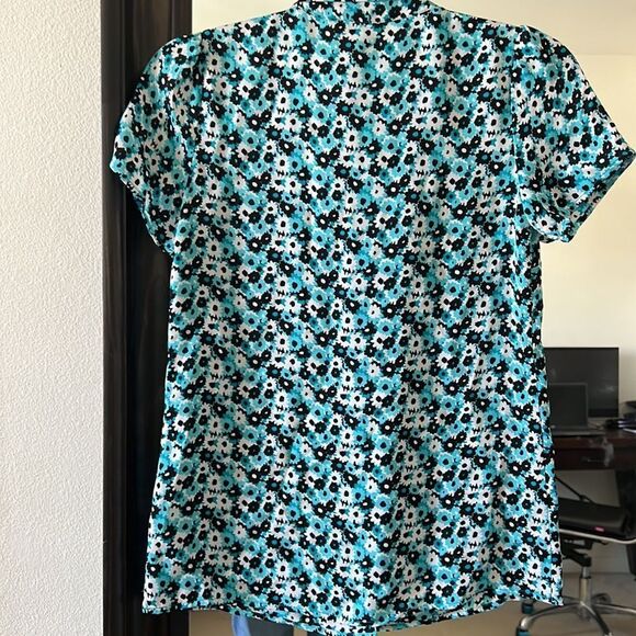 Michael Kors Neck tie teal Blue black Floral Top XXS NWT - Picture 6 of 8